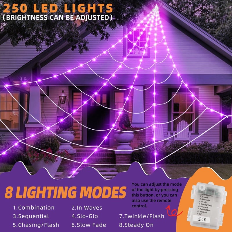 Kendane Halloween Decorations Outdoor and Indoor, 250 LED Halloween Spider Web Light Decorations, 200" Large Light Up Spider Web for Yard(Purple) - Image 3